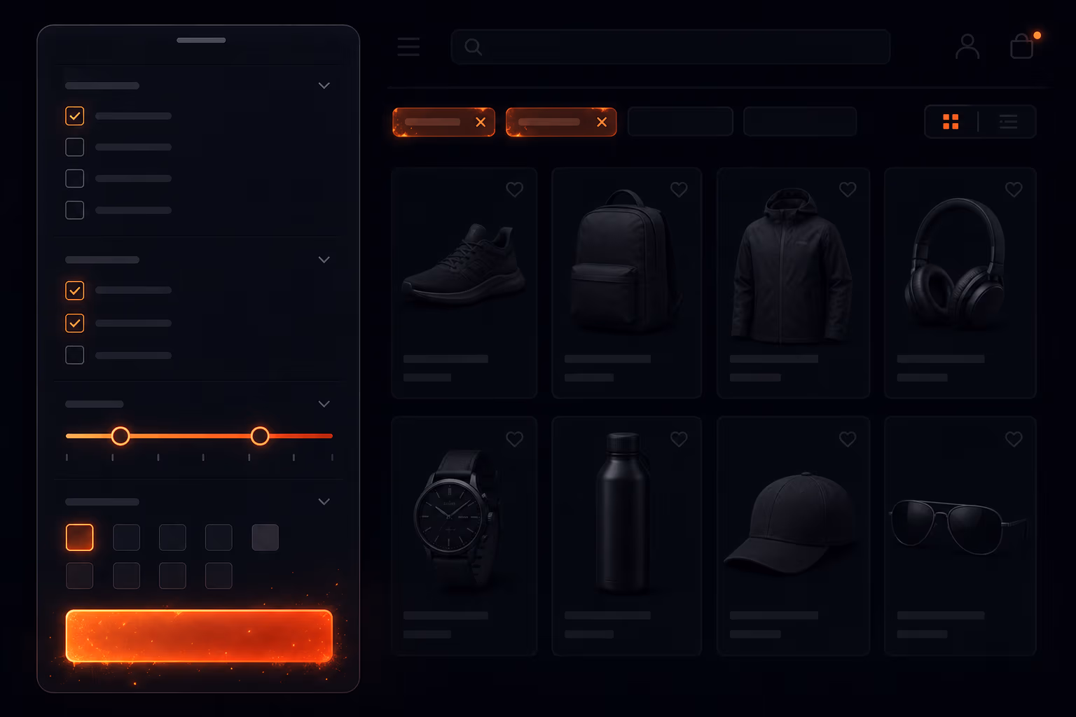 Wireframe πίνακα φίλτρων πλοήγησης με τονισμένα στοιχεία σε απόχρωση κεχριμπαριού.