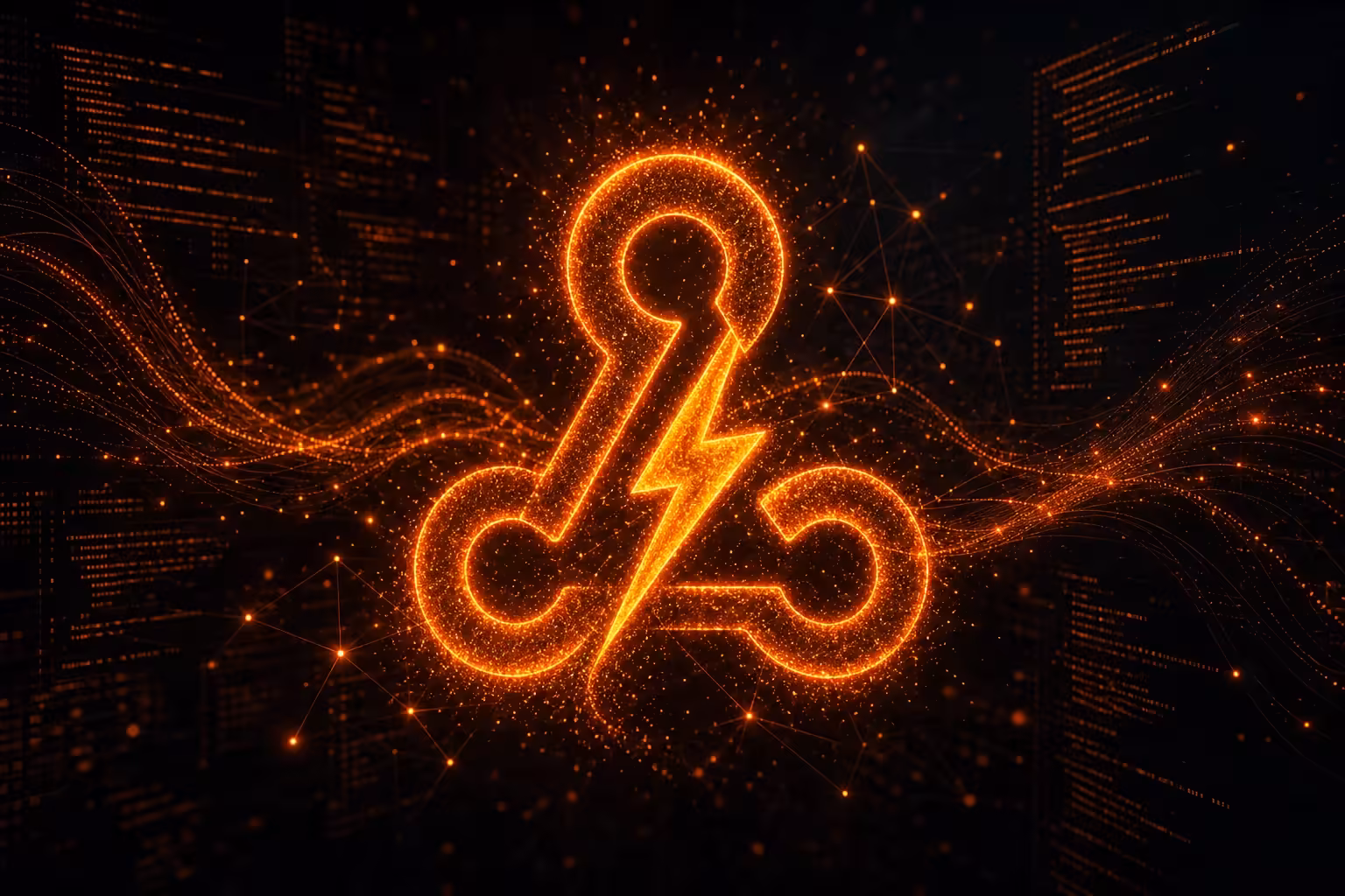 Αφηρημένη αναπαράσταση δεδομένων webhook που ρέουν μέσω ενός δικτύου με πορτοκαλί φωτεινές πινελιές